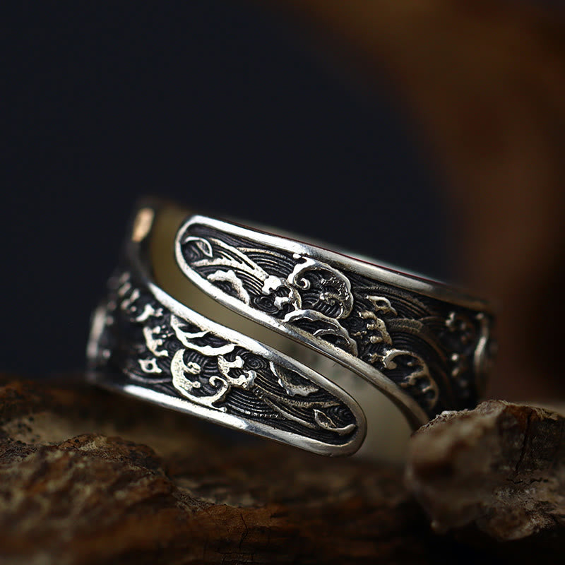 Foviel Adjustable Opening 925 Sterling Silver Lucky Koi Fish Copper Coin Auspicious Clouds Wealth Ring