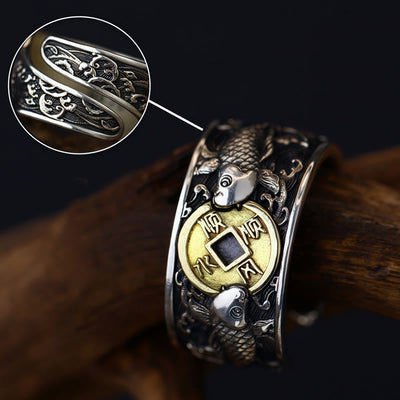 Foviel Adjustable Opening 925 Sterling Silver Lucky Koi Fish Copper Coin Auspicious Clouds Wealth Ring