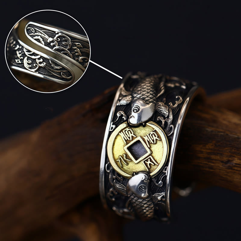 Foviel Adjustable Opening 925 Sterling Silver Lucky Koi Fish Copper Coin Auspicious Clouds Wealth Ring