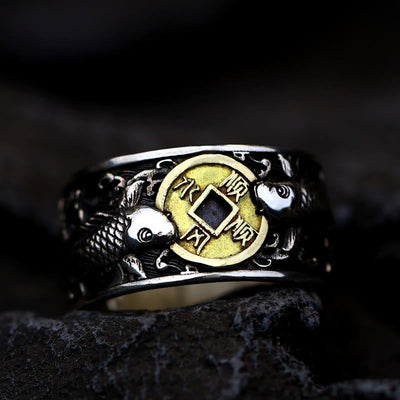 Foviel Adjustable Opening 925 Sterling Silver Lucky Koi Fish Copper Coin Auspicious Clouds Wealth Ring