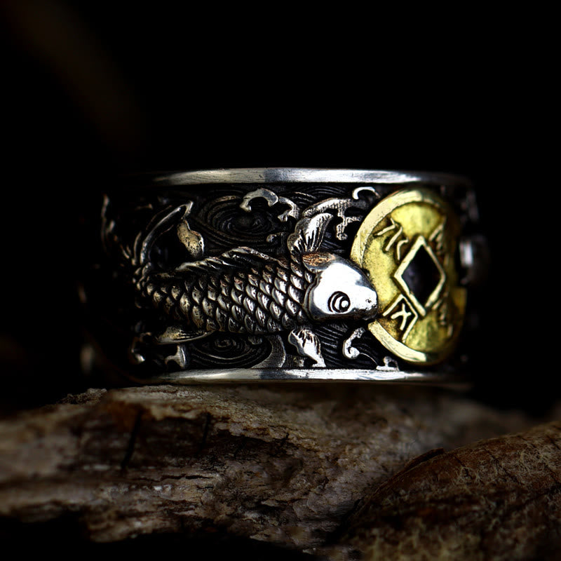 Foviel Adjustable Opening 925 Sterling Silver Lucky Koi Fish Copper Coin Auspicious Clouds Wealth Ring