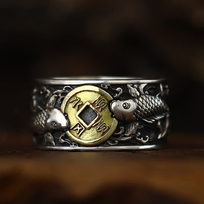 Foviel Adjustable Opening 925 Sterling Silver Lucky Koi Fish Copper Coin Auspicious Clouds Wealth Ring