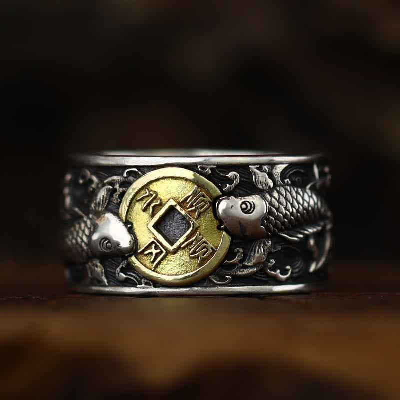 Foviel Adjustable Opening 925 Sterling Silver Lucky Koi Fish Copper Coin Auspicious Clouds Wealth Ring