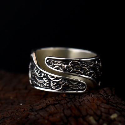 Foviel Adjustable Opening 925 Sterling Silver Lucky Koi Fish Copper Coin Auspicious Clouds Wealth Ring