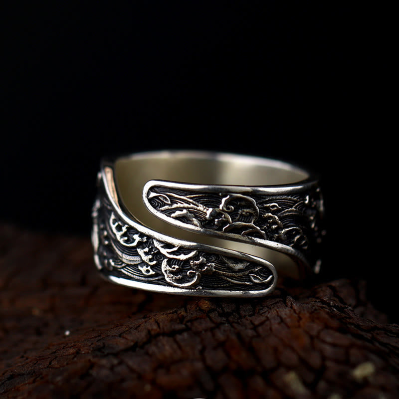Foviel Adjustable Opening 925 Sterling Silver Lucky Koi Fish Copper Coin Auspicious Clouds Wealth Ring