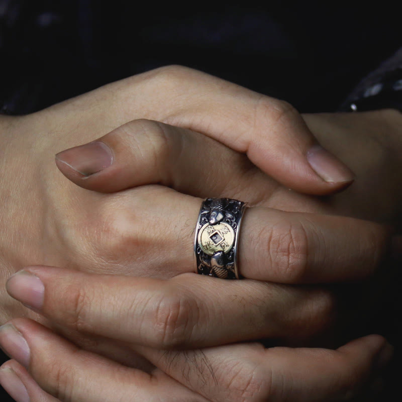 Foviel Adjustable Opening 925 Sterling Silver Lucky Koi Fish Copper Coin Auspicious Clouds Wealth Ring