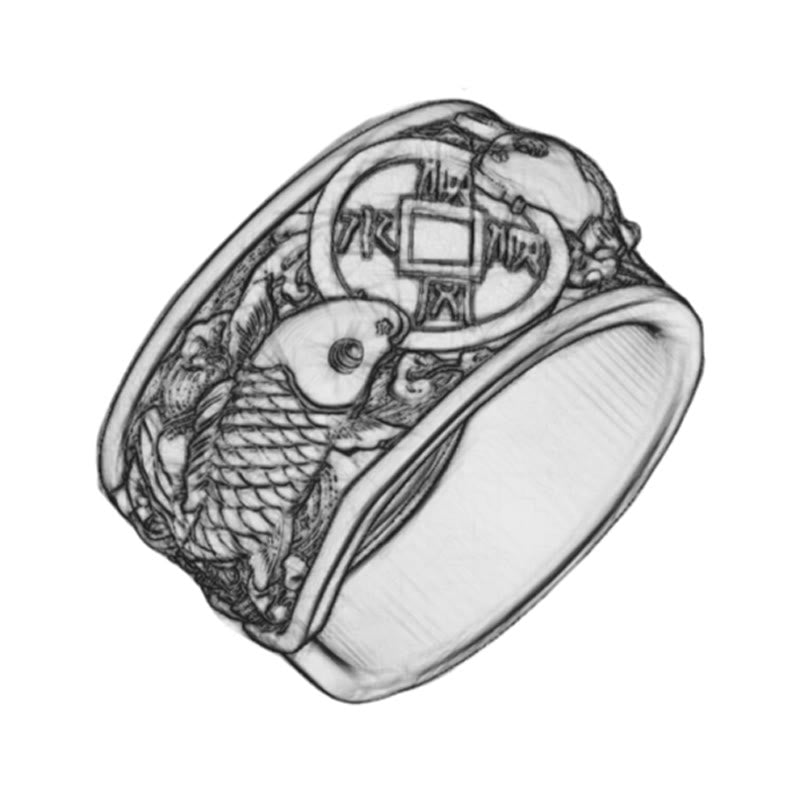 Foviel Adjustable Opening 925 Sterling Silver Lucky Koi Fish Copper Coin Auspicious Clouds Wealth Ring