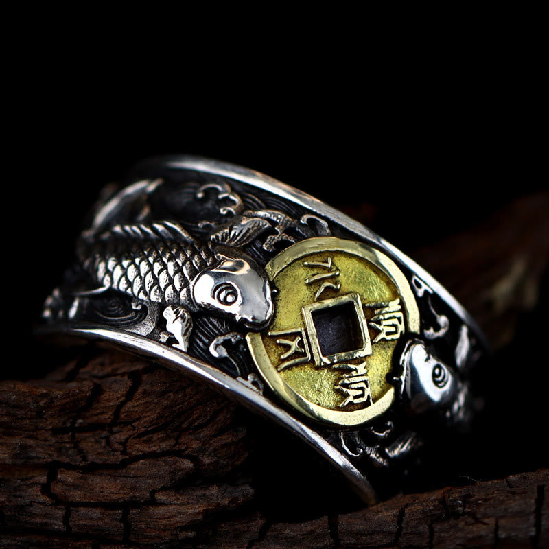 Foviel Adjustable Opening 925 Sterling Silver Lucky Koi Fish Copper Coin Auspicious Clouds Wealth Ring