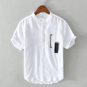 Foviel Daily Plain Patch Color Matching Design Men's Short Sleeve Cotton Linen Shirt