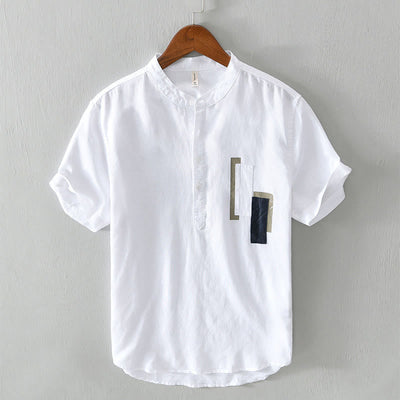 Buddha Stones Daily Plain Patch Color Matching Design Men's Short Sleeve Cotton Linen Shirt - White - US/UK/AU42，EU52 (3XL) - image 1