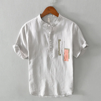 Buddha Stones Daily Plain Patch Color Matching Design Men's Short Sleeve Cotton Linen Shirt - Gainsboro - US/UK/AU42，EU52 (3XL) - image 0