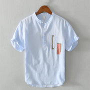 Foviel Daily Plain Patch Color Matching Design Men's Short Sleeve Cotton Linen Shirt