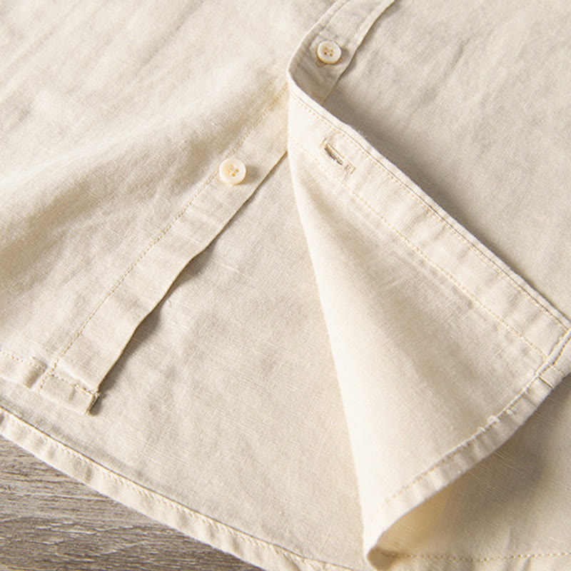 Buddha Stones Casual Daily Simple Buttons Design Stand Collar Men's Short Sleeve Cotton Linen Shirt With Front Pockets - image 16