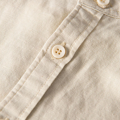 Buddha Stones Casual Daily Simple Buttons Design Stand Collar Men's Short Sleeve Cotton Linen Shirt With Front Pockets - image 12