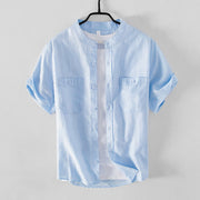 Foviel Casual Daily Simple Buttons Design Stand Collar Men's Short Sleeve Cotton Linen Shirt With Front Pockets
