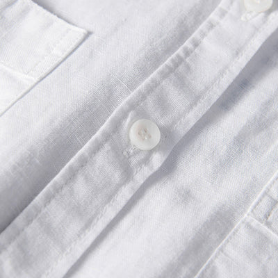 Buddha Stones Casual Daily Simple Buttons Design Stand Collar Men's Short Sleeve Cotton Linen Shirt With Front Pockets - image 4