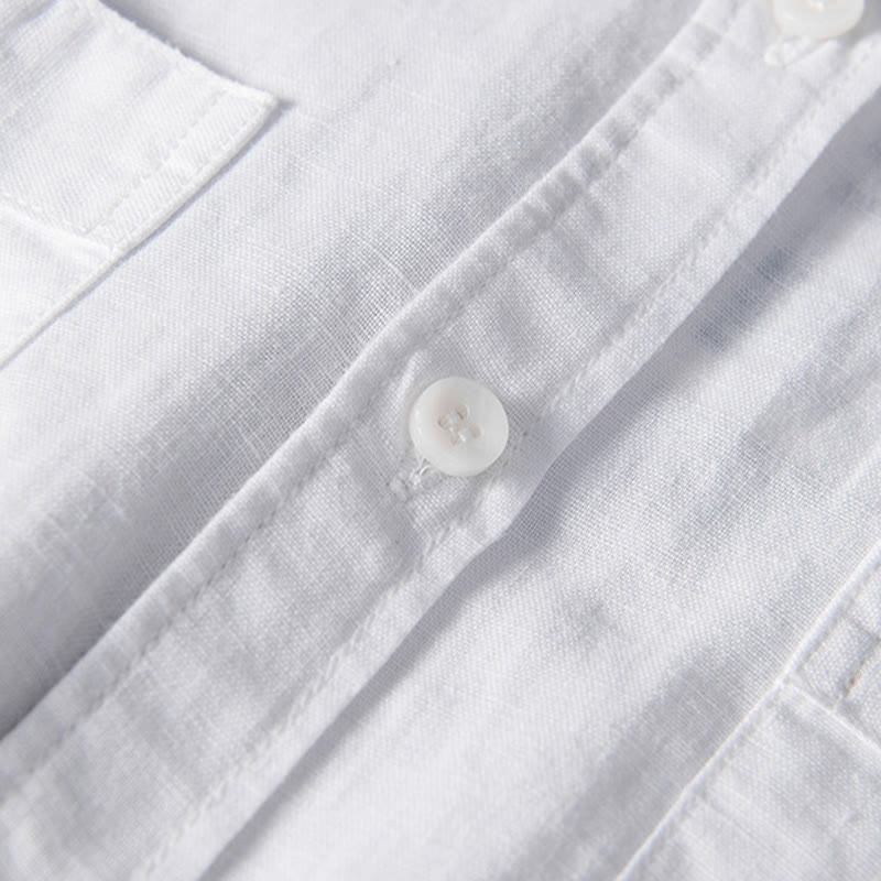 Buddha Stones Casual Daily Simple Buttons Design Stand Collar Men's Short Sleeve Cotton Linen Shirt With Front Pockets - image 4