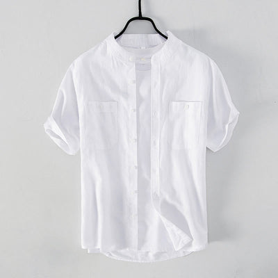 Buddha Stones Casual Daily Simple Buttons Design Stand Collar Men's Short Sleeve Cotton Linen Shirt With Front Pockets - image 1
