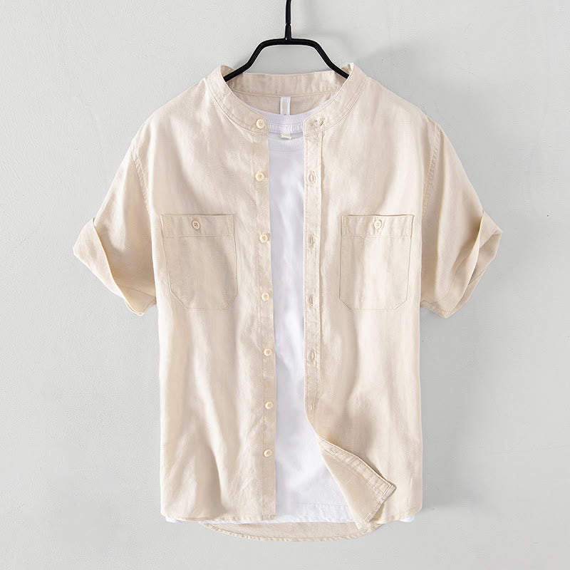 Buddha Stones Casual Daily Simple Buttons Design Stand Collar Men's Short Sleeve Cotton Linen Shirt With Front Pockets - image 9