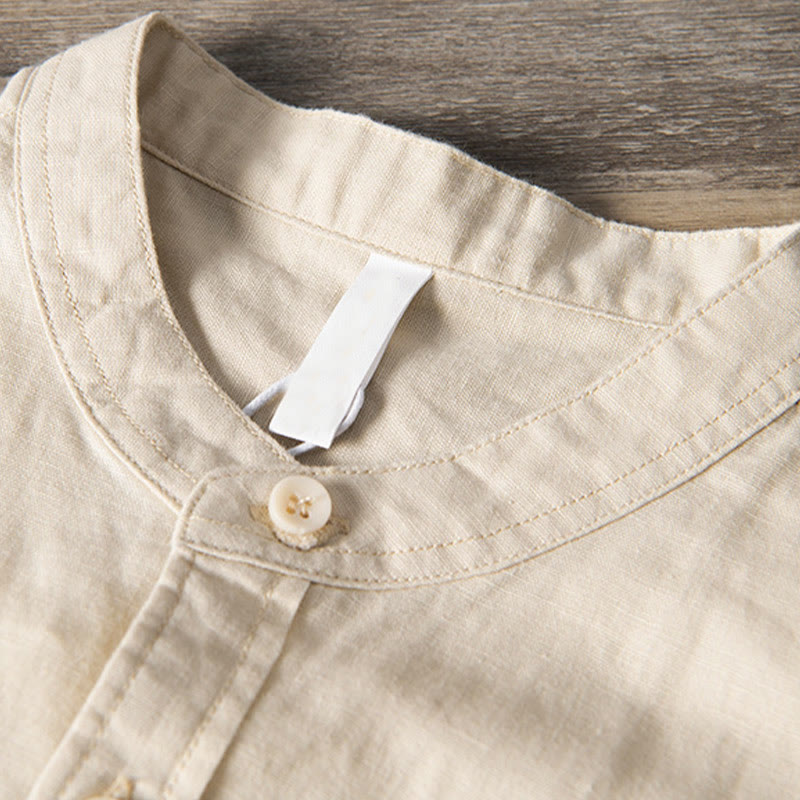 Buddha Stones Casual Daily Simple Buttons Design Stand Collar Men's Short Sleeve Cotton Linen Shirt With Front Pockets - image 10
