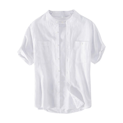 Buddha Stones Casual Daily Simple Buttons Design Stand Collar Men's Short Sleeve Cotton Linen Shirt With Front Pockets - image 7