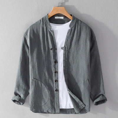 Buddha Stones Spring Daily Simple Buttons Design Stand Collar Men's Long Sleeve Cotton Linen Shirt With Pockets - image 14
