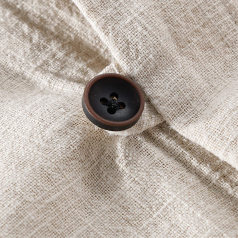 Buddha Stones Spring Daily Simple Buttons Design Stand Collar Men's Long Sleeve Cotton Linen Shirt With Pockets - image 3