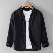 Foviel Spring Daily Simple Buttons Design Stand Collar Men's Long Sleeve Cotton Linen Shirt With Pockets
