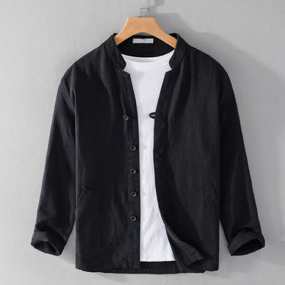 Buddha Stones Spring Daily Simple Buttons Design Stand Collar Men's Long Sleeve Cotton Linen Shirt With Pockets - Black - US/UK/AU42，EU52 (3XL) - image 8