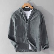 Foviel Spring Daily Simple Buttons Design Stand Collar Men's Long Sleeve Cotton Linen Shirt With Pockets