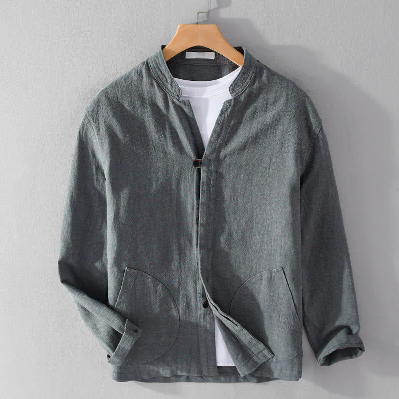 Buddha Stones Spring Daily Simple Buttons Design Stand Collar Men's Long Sleeve Cotton Linen Shirt With Pockets - SlateGray - US/UK/AU42，EU52 (3XL) - image 13