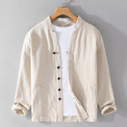Foviel Spring Daily Simple Buttons Design Stand Collar Men's Long Sleeve Cotton Linen Shirt With Pockets