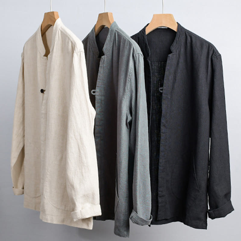 Buddha Stones Spring Daily Simple Buttons Design Stand Collar Men's Long Sleeve Cotton Linen Shirt With Pockets - image 22