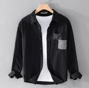 Foviel Spring Daily Line Patchwork Design Lapel Men's Long Sleeve Cotton Linen Shirt With Pockets