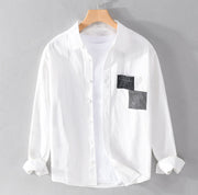 Foviel Spring Daily Line Patchwork Design Lapel Men's Long Sleeve Cotton Linen Shirt With Pockets