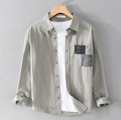 Buddha Stones Spring Daily Line Patchwork Design Lapel Men's Long Sleeve Cotton Linen Shirt With Pockets - DarkSeaGreen - US/UK/AU42，EU52 (3XL) - image 0