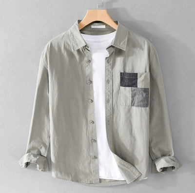 Buddha Stones Spring Daily Line Patchwork Design Lapel Men's Long Sleeve Cotton Linen Shirt With Pockets - DarkSeaGreen - US/UK/AU42，EU52 (3XL) - image 0