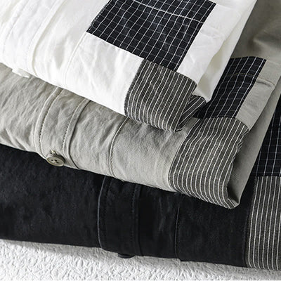 Buddha Stones Spring Daily Line Patchwork Design Lapel Men's Long Sleeve Cotton Linen Shirt With Pockets - image 25