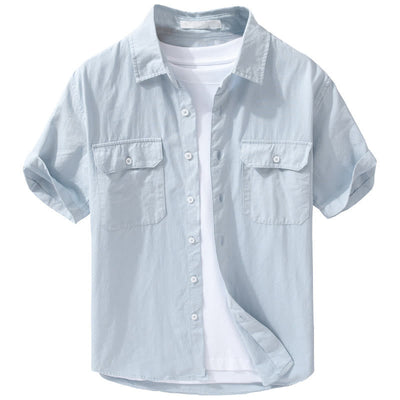 Buddha Stones Daily Pure Color Lapel Men's Short Sleeve Cotton Linen Shirt With Pockets - image 8