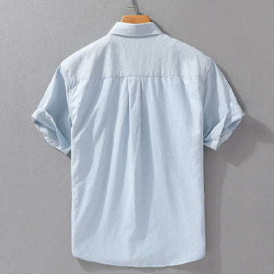 Buddha Stones Daily Pure Color Lapel Men's Short Sleeve Cotton Linen Shirt With Pockets - image 3