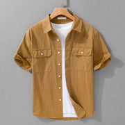 Foviel Daily Pure Color Lapel Men's Short Sleeve Cotton Linen Shirt With Pockets