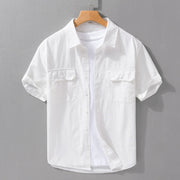 Foviel Daily Pure Color Lapel Men's Short Sleeve Cotton Linen Shirt With Pockets