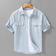 Foviel Daily Pure Color Lapel Men's Short Sleeve Cotton Linen Shirt With Pockets