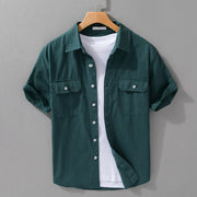 Foviel Daily Pure Color Lapel Men's Short Sleeve Cotton Linen Shirt With Pockets