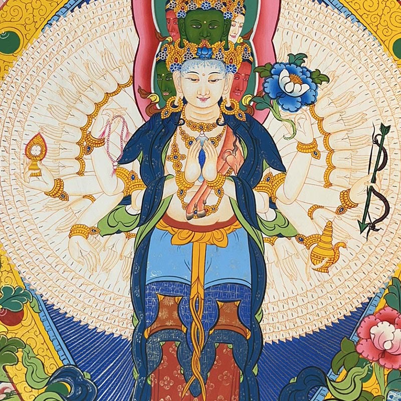 Peinture de Thangka tibétain Foviel - Dieu de la richesse jaune, Tara verte, Avalokitesvara - Décoration faite à la main, boîte mystère (style aléatoire)