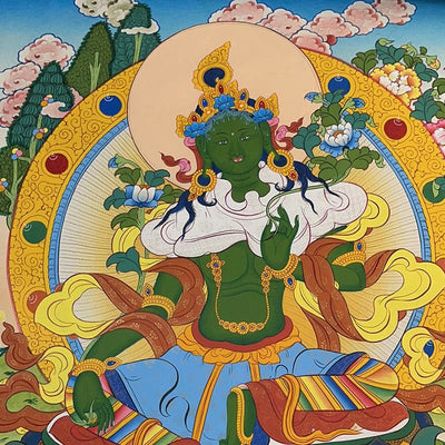 Peinture de Thangka tibétain Foviel - Dieu de la richesse jaune, Tara verte, Avalokitesvara - Décoration faite à la main, boîte mystère (style aléatoire)
