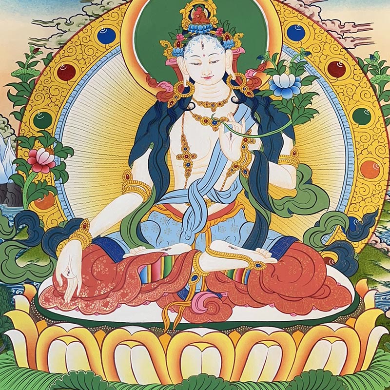 Peinture de Thangka tibétain Foviel - Dieu de la richesse jaune, Tara verte, Avalokitesvara - Décoration faite à la main, boîte mystère (style aléatoire)