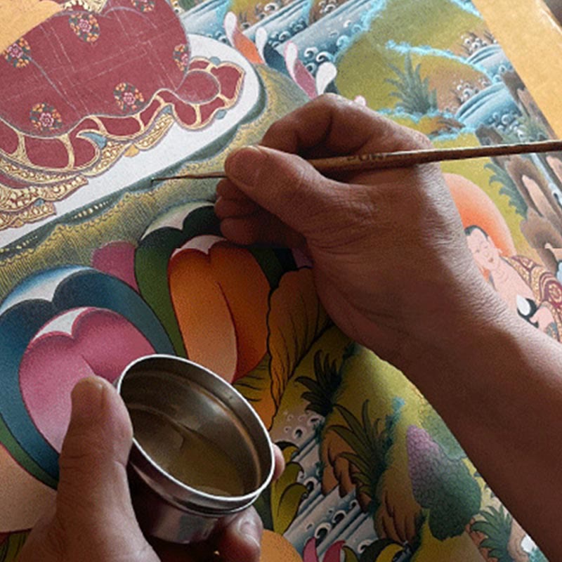 Peinture de Thangka tibétain Foviel - Dieu de la richesse jaune, Tara verte, Avalokitesvara - Décoration faite à la main, boîte mystère (style aléatoire)