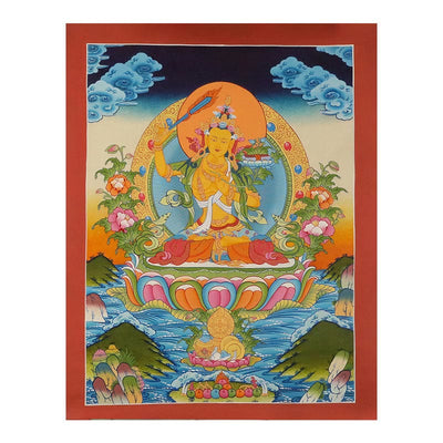 Peinture de Thangka tibétain Foviel - Dieu de la richesse jaune, Tara verte, Avalokitesvara - Décoration faite à la main, boîte mystère (style aléatoire)