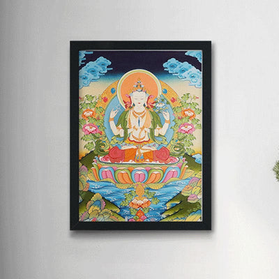 Peinture de Thangka tibétain Foviel - Dieu de la richesse jaune, Tara verte, Avalokitesvara - Décoration faite à la main, boîte mystère (style aléatoire)